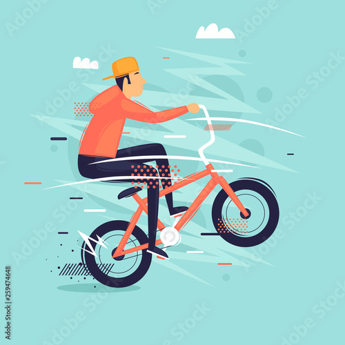 Bmx. Guy does the trick on the bike. Sport, freestyle. Flat design vector illustration. 