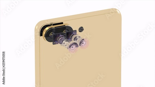 Mobile phone dual camera concept, two smartphone sensors, optical layout wide 16x9 format, 3D rendering, isolated on white photo