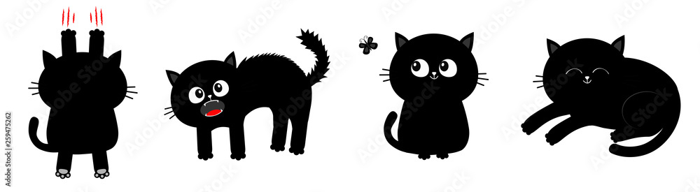 Obraz premium Cat set line. Nail claw scratch, sitting, screaming, sleeping, looking at butterfly. Black kitten. Cute cartoon funny character Baby pet collection White background Isolated Flat design.