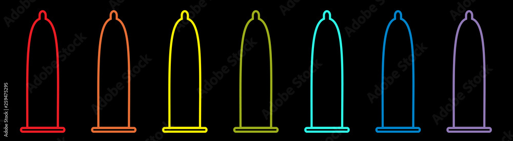 Condom rainbow icon set line. Protection. Black background. Flat design. Condom rainbow icon set line. Protection. Black background. Flat design.