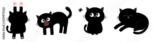 Cat set line. Nail claw scratch, sitting, screaming, sleeping, looking at butterfly. Black kitten. Cute cartoon funny character Baby pet collection White background Isolated Flat design.