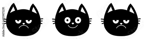 Cute black cat set line. Emotion collection. Happy, smiling and sad, angry kitten head face. Optimist pessimist. Funny cartoon characters. White background Isolated Flat design.