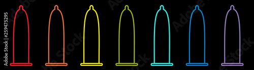 Condom rainbow icon set line. Protection. Black background. Flat design.