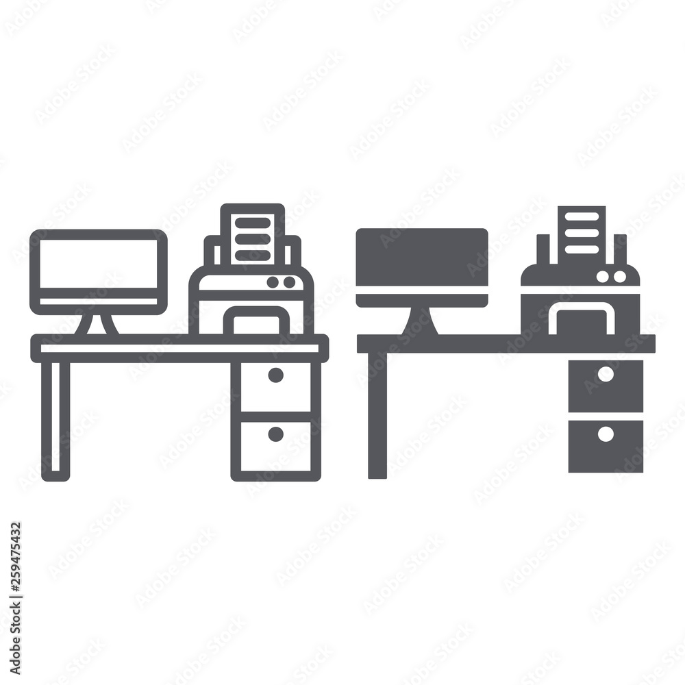 Computer desk line and glyph icon, office and table, workplace sign, vector graphics, a linear pattern on a white background. Computer desk line and glyph icon, office and table, workplace sign, vector graphics, a linear pattern on a white background.