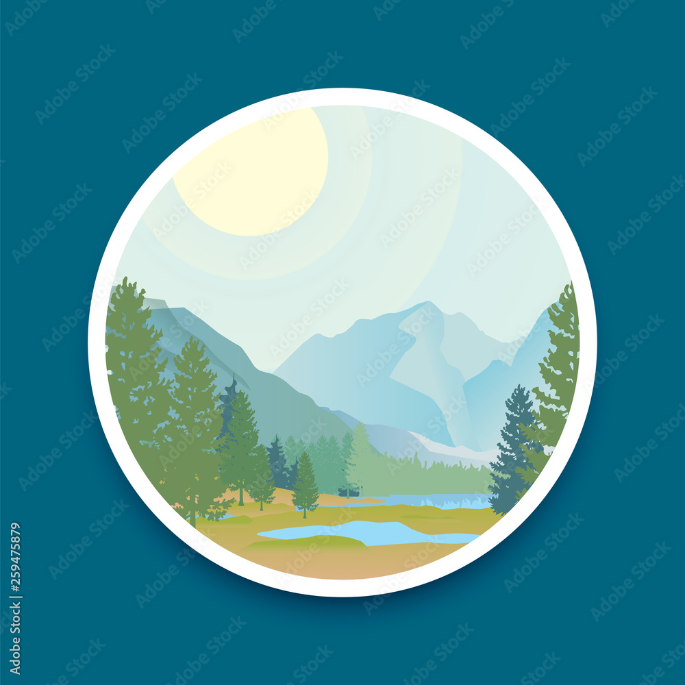 Mountain valley and river, sun in blue sky and green forest illustration landscape in round.  illustration mountain landscape, sun and green forest.