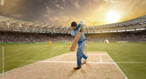 Young sportsman strikes the ball while batting in the cricket field photo