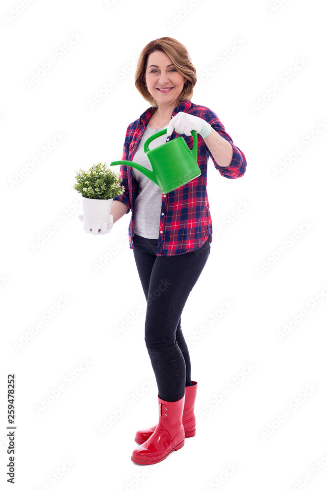 full length portrait of female gardener with plant and watering can isolated on white background full length portrait of female gardener with plant and watering can isolated on white background