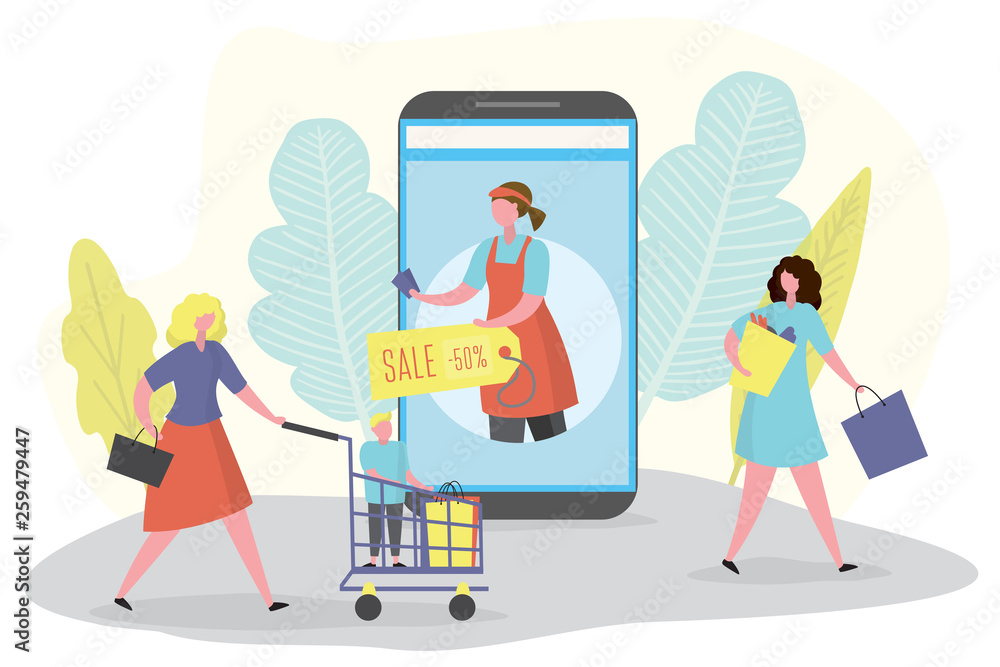 martphone with discount or retail app,shopping woman with bags and cart