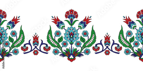 Turkish arabic pattern vector seamless border. Ottoman iznik tile design with tulip flowers. Eastern floral texture for textile, decoration or wallpaper. photo