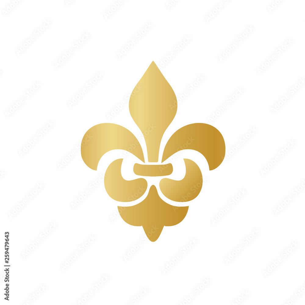 Vector gold Fleur de lis ornament icon on white background. Royal heraldic symbol. Vector illustration Vector gold Fleur de lis ornament icon on white background. Royal heraldic symbol. Vector illustration
