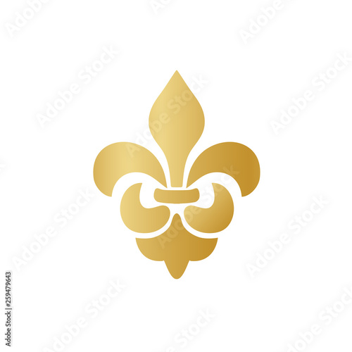 Vector gold Fleur de lis ornament icon on white background. Royal heraldic symbol. Vector illustration