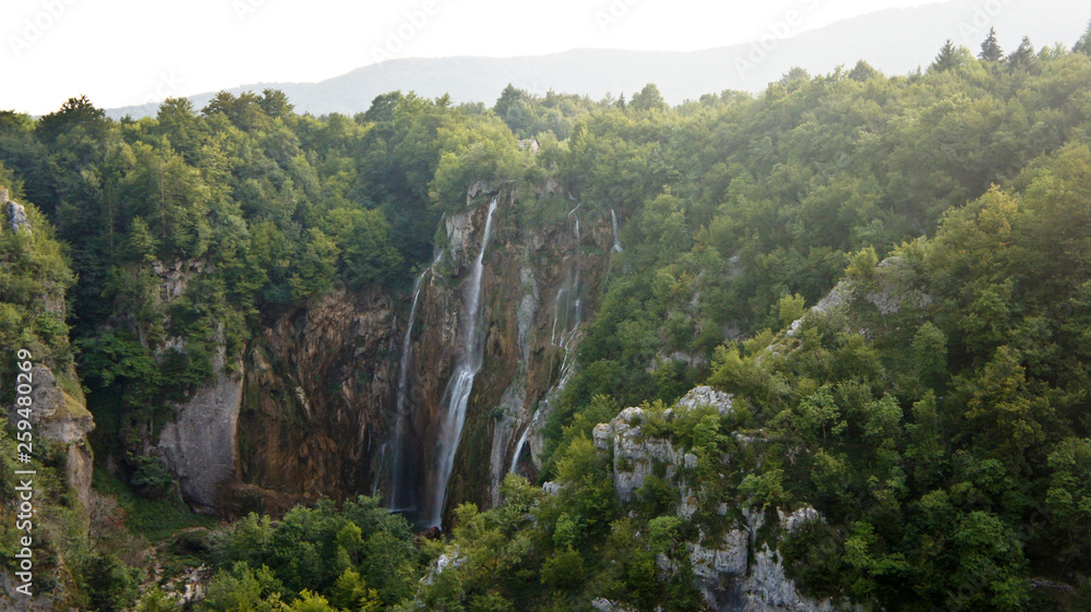 Top view of the large waterfall, Plitvice Lakes in Croatia, National Park