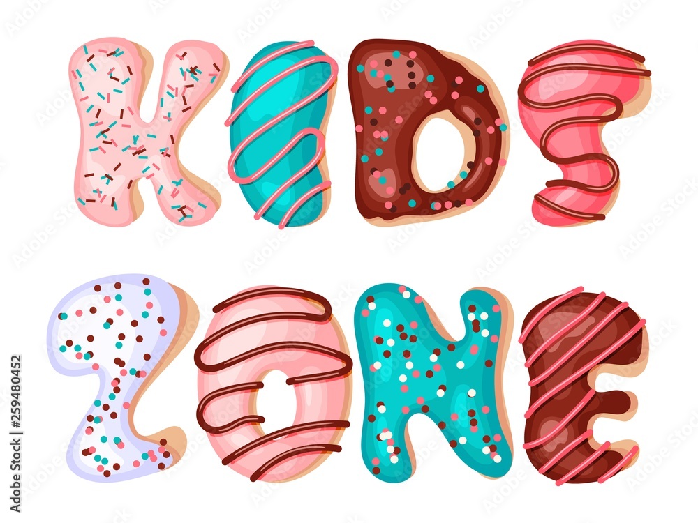 Kids zone cartoon inscription letters from donuts  on a white background. Vector illustration. Playground and game banner for children with colored letters