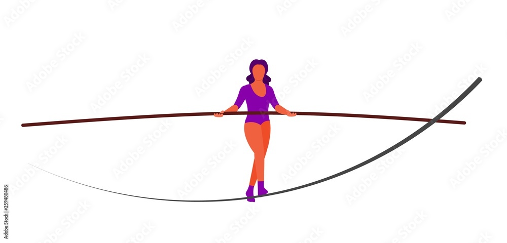 Vector ropewalker walker on a long rope on a white background. Balancing funambulist in leotard, circus artist. The figure of a young tightrope-dancer. Circus illustration vector wire-dancer Vector ropewalker walker on a long rope on a white background. Balancing funambulist in leotard, circus artist. The figure of a young tightrope-dancer. Circus illustration vector wire-dancer