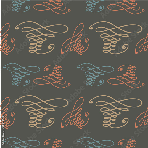 Hand-drawn elements seamless pattern. Vector illustration on gray background © YULIIA