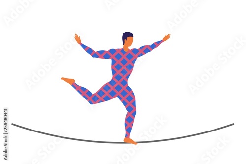 Vector ropewalker walker on a long rope on a white background. Balancing funambulist in leotard, circus artist. The figure of a young tightrope-dancer. Circus illustration vector wire-dancer