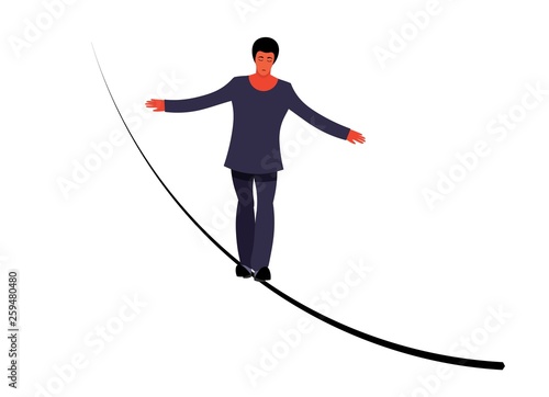 Vector ropewalker walker on a long rope on a white background. Balancing funambulist in leotard, circus artist. The figure of a young tightrope-dancer. Circus illustration vector wire-dancer