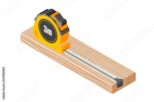  Isometric Wooden block with measuring tape isolated on white. Vector illustration