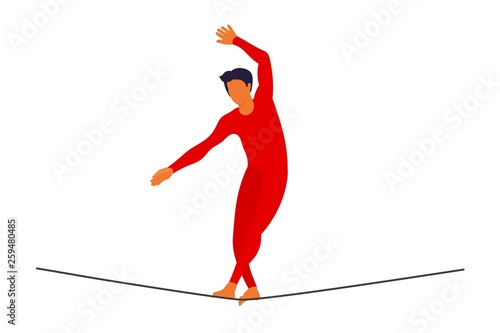Vector ropewalker walker on a long rope on a white background. Balancing funambulist in leotard, circus artist. The figure of a young tightrope-dancer. Circus illustration vector wire-dancer