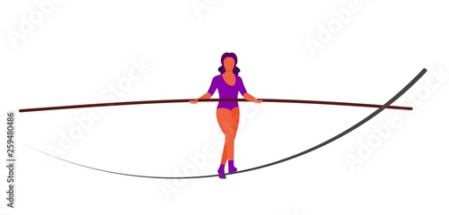 Vector ropewalker walker on a long rope on a white background. Balancing funambulist in leotard, circus artist. The figure of a young tightrope-dancer. Circus illustration vector wire-dancer