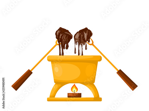 Vector Chocolate fondue with a candle on a white background. Capacity, two forks, two pieces of bread and chocolate. Vector illustration