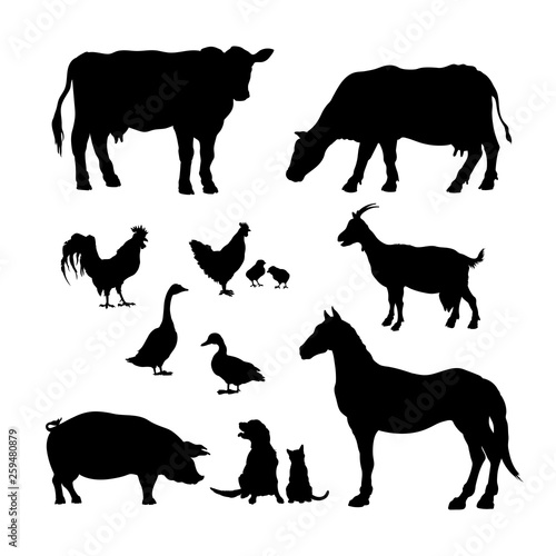 Black silhouettes of farm animals. Icons set of domestic cattle. Isolated image of rural livestock and poultry. Cow, horse, pig and goat