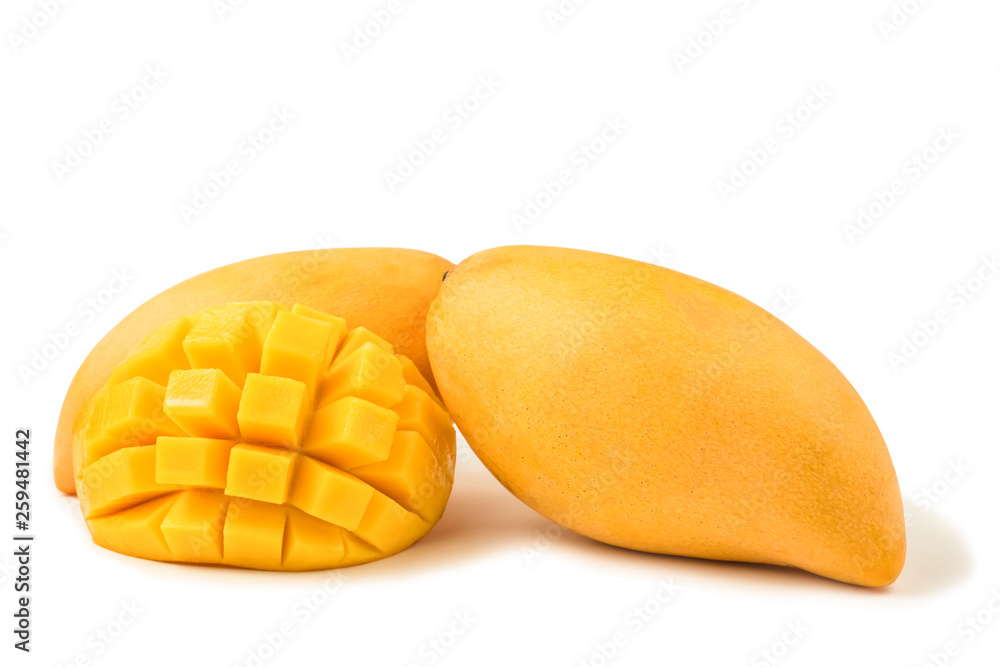 Mango fresh fruit with cubes and slices. Isolated on a white background and clipping path. Mango fresh fruit with cubes and slices. Isolated on a white background and clipping path.