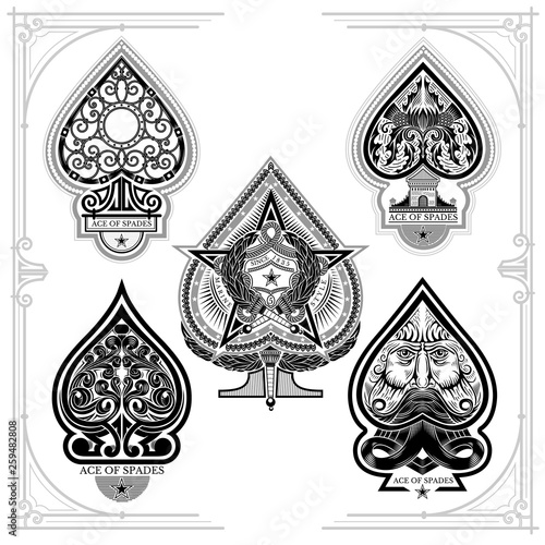 Set of ace of spades with forging curl pattern, facewith beard, star with torch. Prints isolated on white