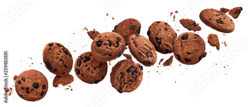 Tableau sur toile Falling broken chocolate chip cookies isolated on white background with clipping