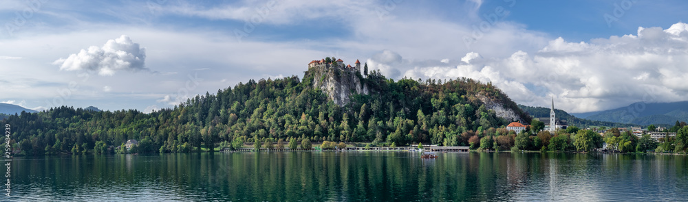 Amazing large panoramic photo of Bled Castle on rock. Lake Bled . Slovenia