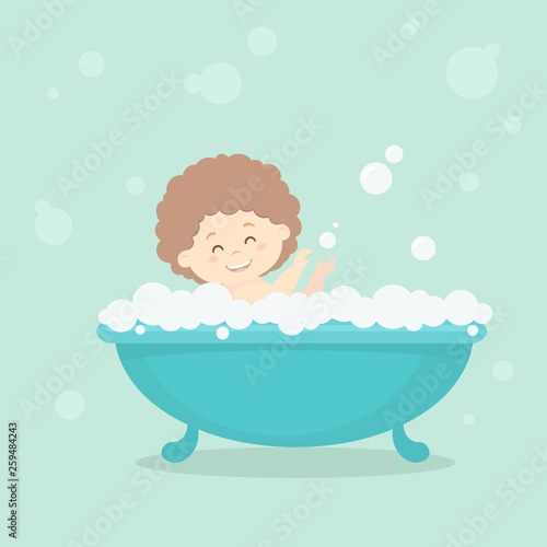 Happy laughing girl baby having bath and playing with lots of shampoo foam bubbles. Little smiling child in bathtub. Hygiene care for young children. Flat style vector cartoon illustration.