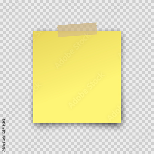 Post note paper sticker isolated on transparent background. Vector yellow office memo pin on translucent sticky tape with shadow