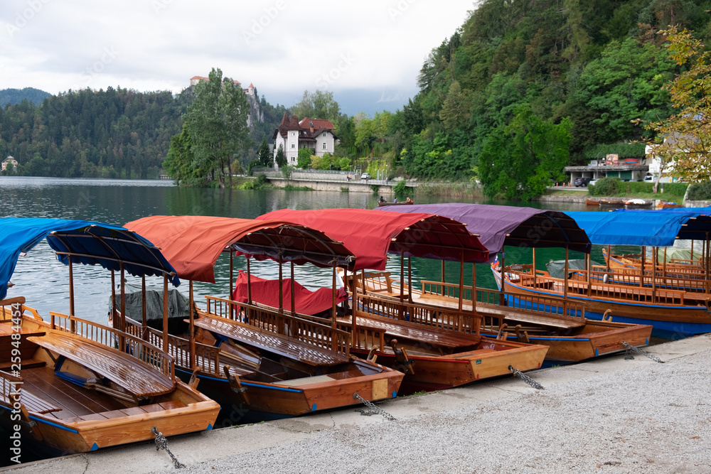 Traditional wooden flat-bottom vibrant boats 