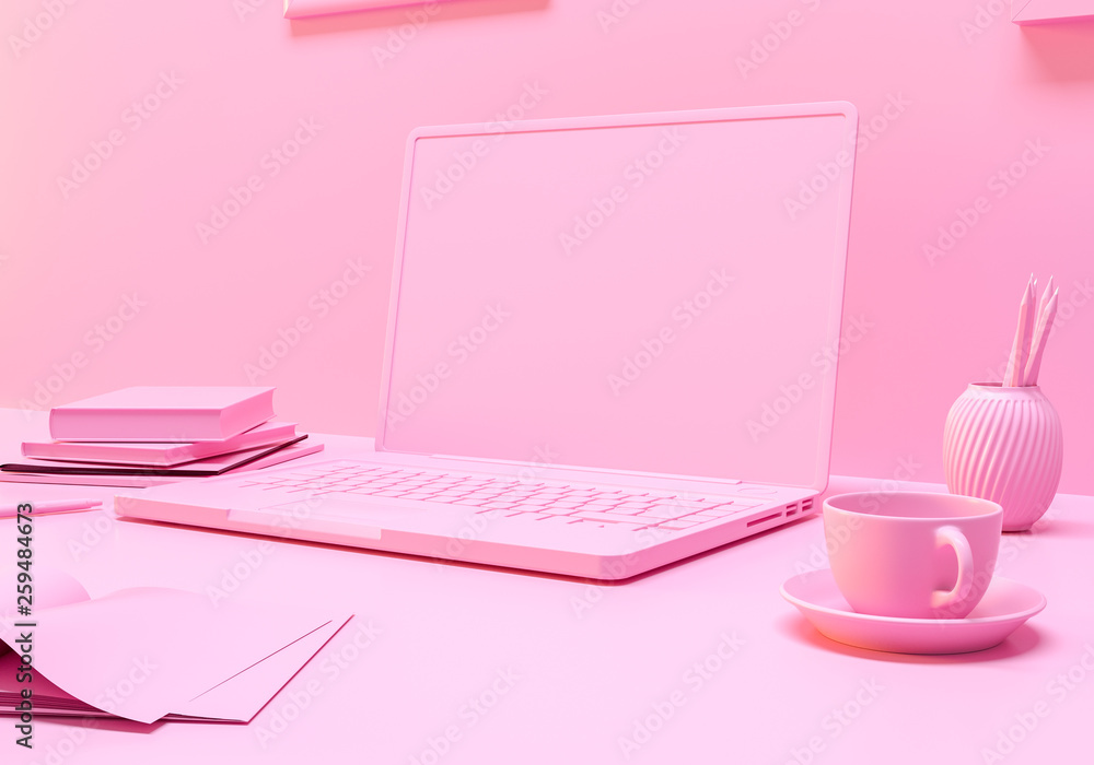 Minimal concept, Laptop on table Work desk pink color and mock-up for your text with notebook and cup. 3d render. - Illustration Minimal concept, Laptop on table Work desk pink color and mock-up for your text with notebook and cup. 3d render. - Illustration