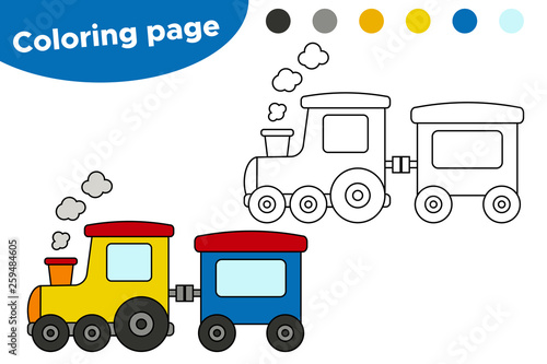 Vector coloring page cartoon train. Educational game for preschool children.