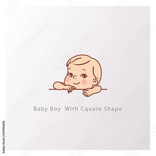 Little smiling kid with blank text element in hands. Template for logotype design. Kid with big letter. Cute little baby boy with square shape. Vector color illustration.