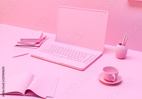 Minimal concept, Laptop on table Work desk pink color and mock-up for your text with notebook and cup. 3d render. - Illustration