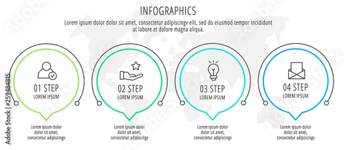 Modern line vector illustration. Infographic circles template with four elements, sectors, icons. Timeline designed for business, presentations, web design, workflow layout, diagrams with 4 steps