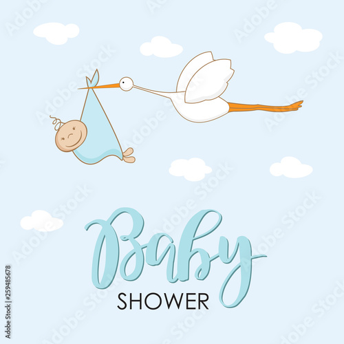 Cartoon stork in sky with baby. Design template for greeting card, baby shower invitation, banner. Congratulations to the newborn. Vector illustration in flat style.