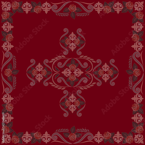 Bandana with roses.Burgundy vintage ornamental floral pattern.Vector print square.