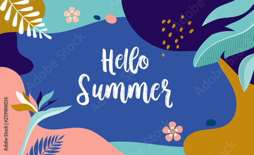 Hello Summer, vector banner design with flamingo and tropical leaves