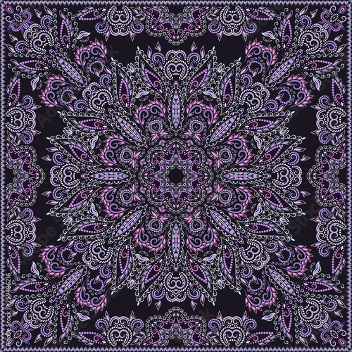 Biker classy bandana.  Ethnic floral ornamental   pattern with  geometric signs. Vector print square -dark background.