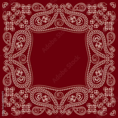 Bandana paisley design - red and white  ornament. Traditional ethnic  floral pattern. Vector print square.