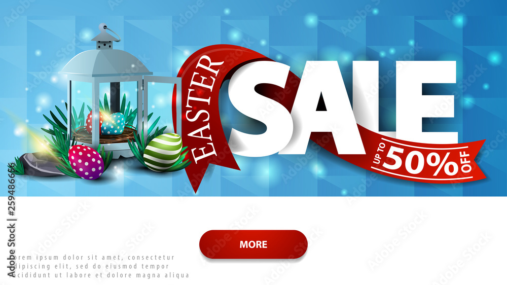 Easter sale, discount horizontal blue banner with button and antique lantern with Easter eggs