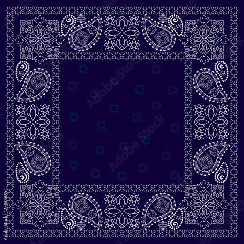 Bandana paisley design - blue and white  ornament. Traditional ethnic floral pattern. Vector print square.