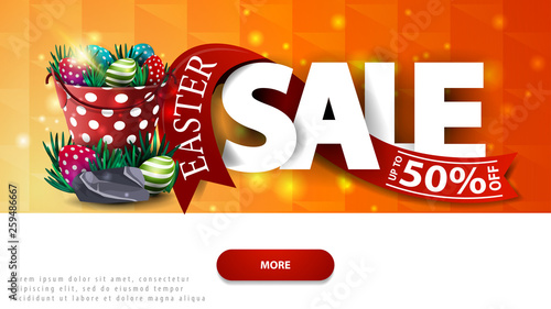 Easter sale, discount horizontal orange banner with button and bucket with Easter eggs