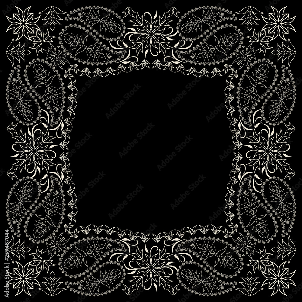 Bandana paisley design - black and white ornament. Traditional ethnic floral pattern. Vector print square. Bandana paisley design - black and white ornament. Traditional ethnic floral pattern. Vector print square.