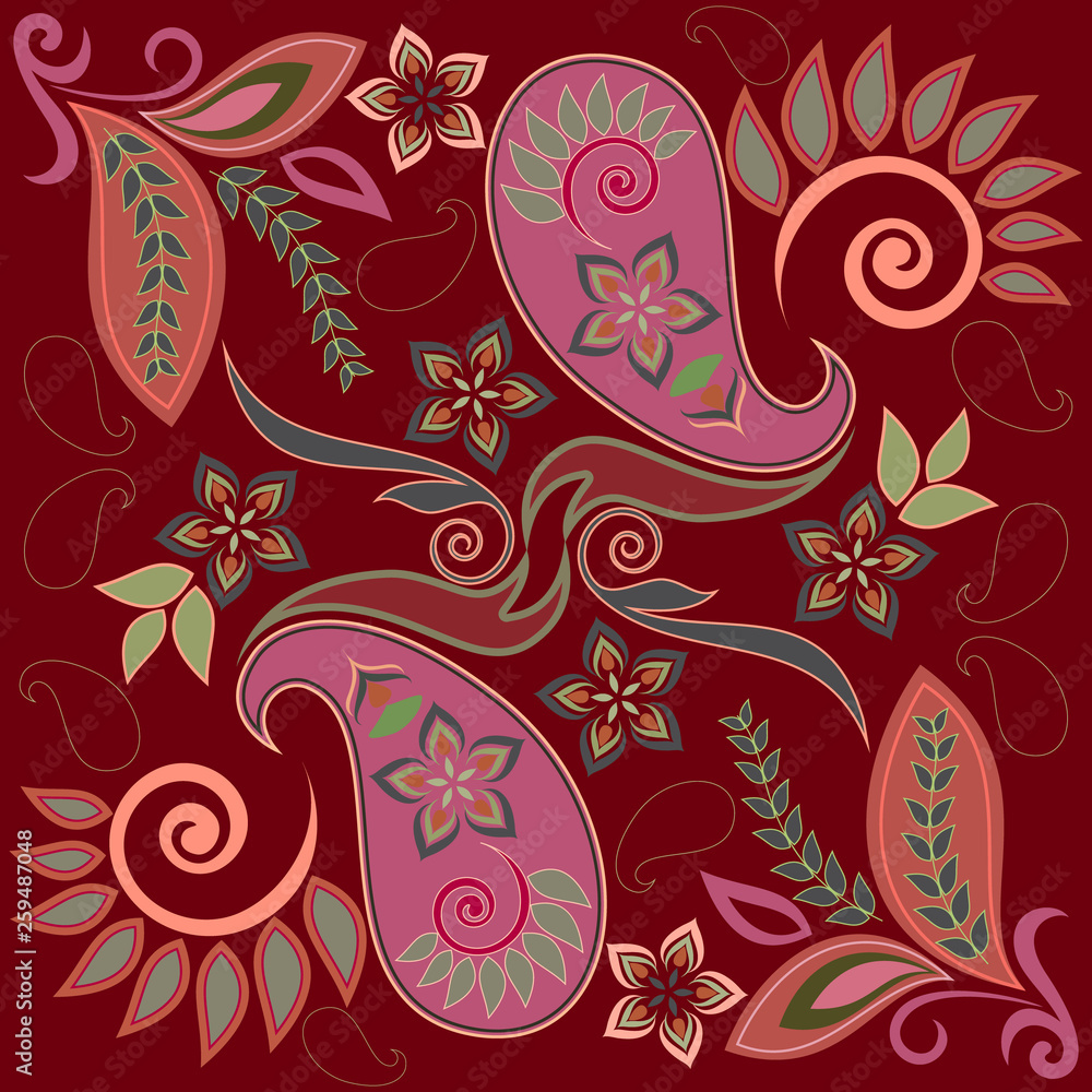 Traditional ornamental paisley bandana. Vector print square.