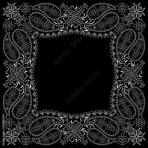 Bandana paisley design - black and white  ornament. Traditional ethnic floral pattern. Vector print square.