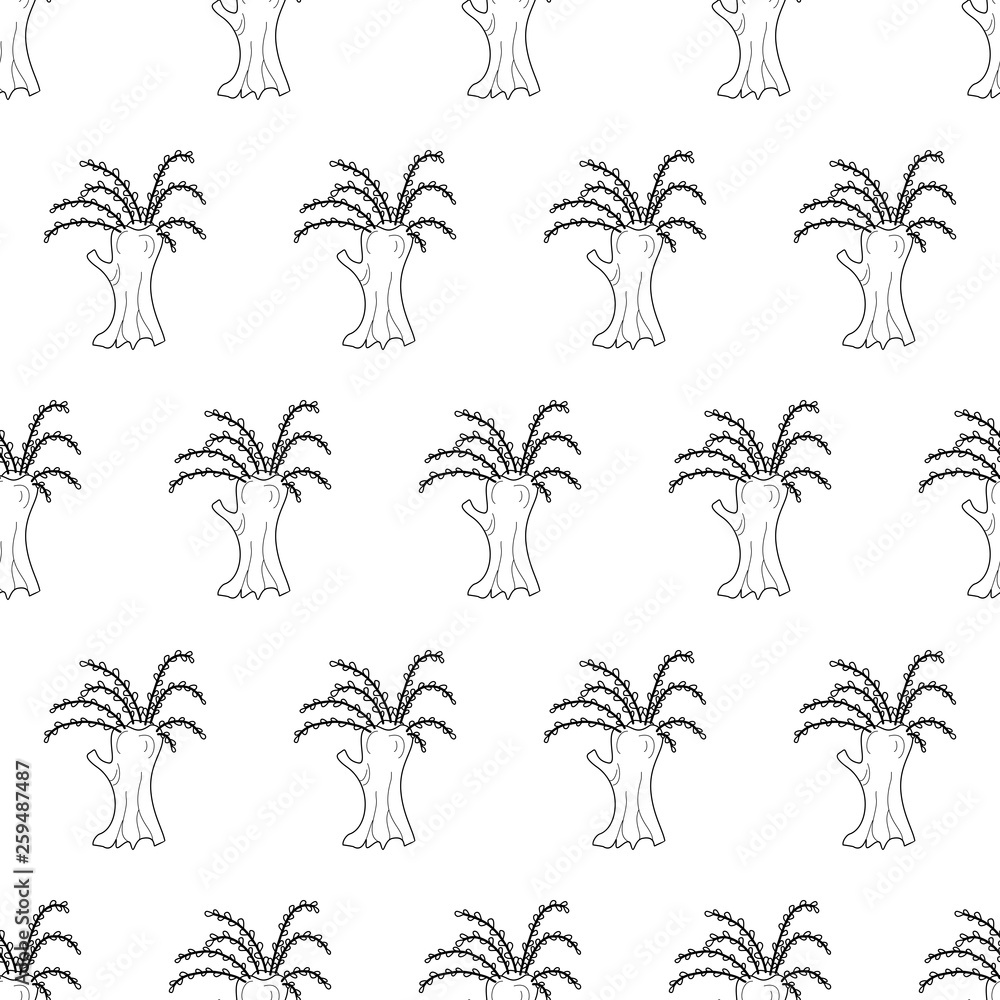 Hand drawn pussy willow trees, seamless vector pattern. Black and white line art.